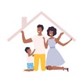 Happy Parents and Their Son at Home, House Frame with African American Family Inside Vector Illustration