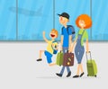 Happy Parents and Their Son Travelling Together with Luggage on Airport Background Vector Illustration