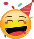 Happy party emoji celebrating birthday in a red hat and confetti flying around! Yellow face with a red party hat, broad smile as