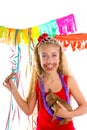 Happy party girl puppy present eating chocolate Royalty Free Stock Photo