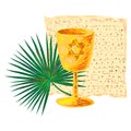 Happy Passover background traditional matza and wine gold cup, palm leaf symbols of Jewish holiday