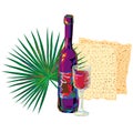 Happy Passover background traditional matzo and wine, palm leaf symbols of Jewish holiday