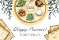 Happy Passover banner with Pesah seder plate, holiday food, matzah and eucalyptus - Chag Sameach Jewish greeting card