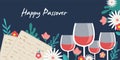 Pesah celebration concept , jewish Passover holiday. Greeting cards with traditional four wine glasses, Matza and spring