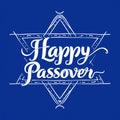 Happy Passover greeting card or banner with David star and text. White lettering isolated on blue background Royalty Free Stock Photo