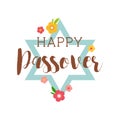 happy passover greeting card with David star and flowers. Pesah celebration concept , Jewish Passover holiday.