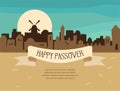 Happy Passover greeting card design with Jerusalem city skyline. Vector illustration