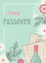 Happy passover greeting card or seder invitation with spring flowers. Jewish holiday.