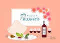 Happy Passover in hebrew Jewish holiday banner tamplate with wine, seder plate, coral color backgroun Royalty Free Stock Photo
