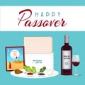 Happy Passover in hebrew Jewish holiday banner tamplate with wine, seder plate, matzo backgroun Royalty Free Stock Photo