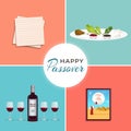 Happy Passover in hebrew Jewish holiday symbols banner tamplate with wine, seder plate, matzo Royalty Free Stock Photo