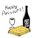 Happy Passover inscription lettering. Bottle of wine, glass, matzoh. Doodle, sketch, hand drawing, coloring. Vector