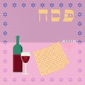 Happy passover with star of david, wine and matzah.