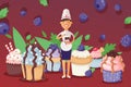 Happy pastry chief people in cap vector illustration. Woman stands in midst many cupcakes decorated with fondant banner.