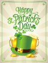 Happy Patrick`s day card with leprechaun hat, beer mugs and golden coins