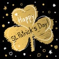 Happy Patrick`s Day gold and black greeting card.