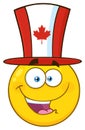 Happy Patriotic Yellow Cartoon Emoji Face Character Wearing A Canadian Maple Leaf Hat.