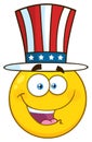 Happy Patriotic Yellow Cartoon Emoji Face Character Wearing A USA Hat