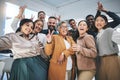 Happy, peace sign and portrait of business people in the office for team building or bonding. Smile, diversity and group Royalty Free Stock Photo