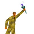 Happy peaceful soldier holding flower bouquet in hand for peace celebration. Smiling serviceman celebrating, returning