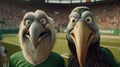 Happy Pelican Mascot Supporting Soccer Team In Cinematic Stadium Royalty Free Stock Photo