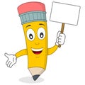 Happy Pencil Character Holding Banner