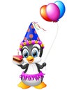 Happy penguin cartoon holding birthday cake and balloon Royalty Free Stock Photo