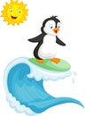 Happy penguin cartoon surfing