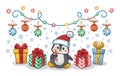 Happy penguin with gifts. New Year character. Cute cartoon baby arctic animal in red hat with surprise boxes. Vector Royalty Free Stock Photo