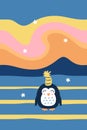 Happy penguin in hat under the sky with the Aurora Borealis lights. Vector print for poster, card, banner. Vertical illustration