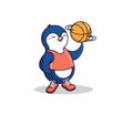 The happy Penguin is holding a basketball on his finger. Cartoonish Sport-animal
