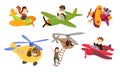 Happy people and animals pilots riding small planes and helicopters over white background