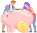 Happy people around piggy bank. Storage device for coins money. Rich characters amass wealth