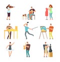 Happy people of art and music. Cartoon artists and musicians vector isolated characters in creative artistic hobbies Royalty Free Stock Photo