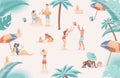 Happy people at beach relaxing, doing summer outdoor activities vector flat illustration. Royalty Free Stock Photo