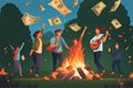 happy people burn throw cash money waste to trash or wind as digital currency is arriving