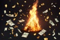 happy people burn throw cash money waste to trash or wind as digital currency is arriving