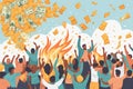 happy people burn throw cash money waste to trash or wind as digital currency is arriving