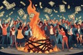 happy people burn throw cash money waste to trash or wind as digital currency is arriving