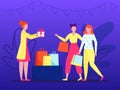 Happy people buy gifts in store vector illustration. Young smiling girl in mall shopping trendy clothes, bag, beautiful Royalty Free Stock Photo