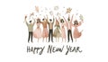 happy people celebrate a Happy New Year, cheerful, pink and gold watercolor, white background