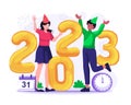 Happy People Celebrate New Year 2023. A Couple is doing a Fun Party with Balloon Numbers 2023 and Fireworks. Vector illustration Royalty Free Stock Photo