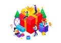 Happy People celebrate the New year with gift boxes, Christmas tree decorations. Happy New year design concept. Isometric Vector Royalty Free Stock Photo