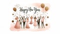 happy people celebrate with a word Happy New Year, cheerful, pink and gold watercolor, white background