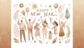 happy people celebrate with a word Happy New Year, cheerful, pink and gold watercolor, white background