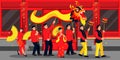 People celebrating Chinese Lunar New Year. Vector illustration. Parade in china town with dragon, lanterns and dances Royalty Free Stock Photo