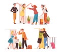 Happy People Character Coming Back and Returning Home Standing Near Open Door with Relatives Welcoming Them Vector Set