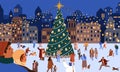 Happy People At Christmas Night In Town. Merry Crowd Have Fun Near Xmas Tree At European City Street On Winter Holidays