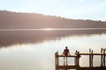 Happy people, daydreamer, man enjoying beautiful view of the lake, inspiration Royalty Free Stock Photo