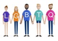 Happy people of different nationalities holding hands. LGBT community. A group of gay, lesbian, bisexual and transgender activists